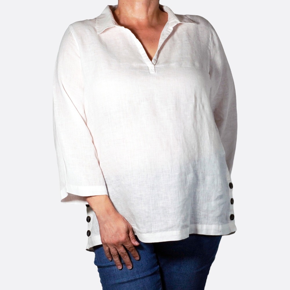 Tahari 100% Linen Tunic Top White Split Neck Side Button Blouse Plus XL 1X